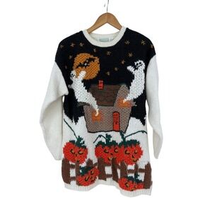 vintage Halloween sweater Shenanigans L ghost pumpkin bat haunted house